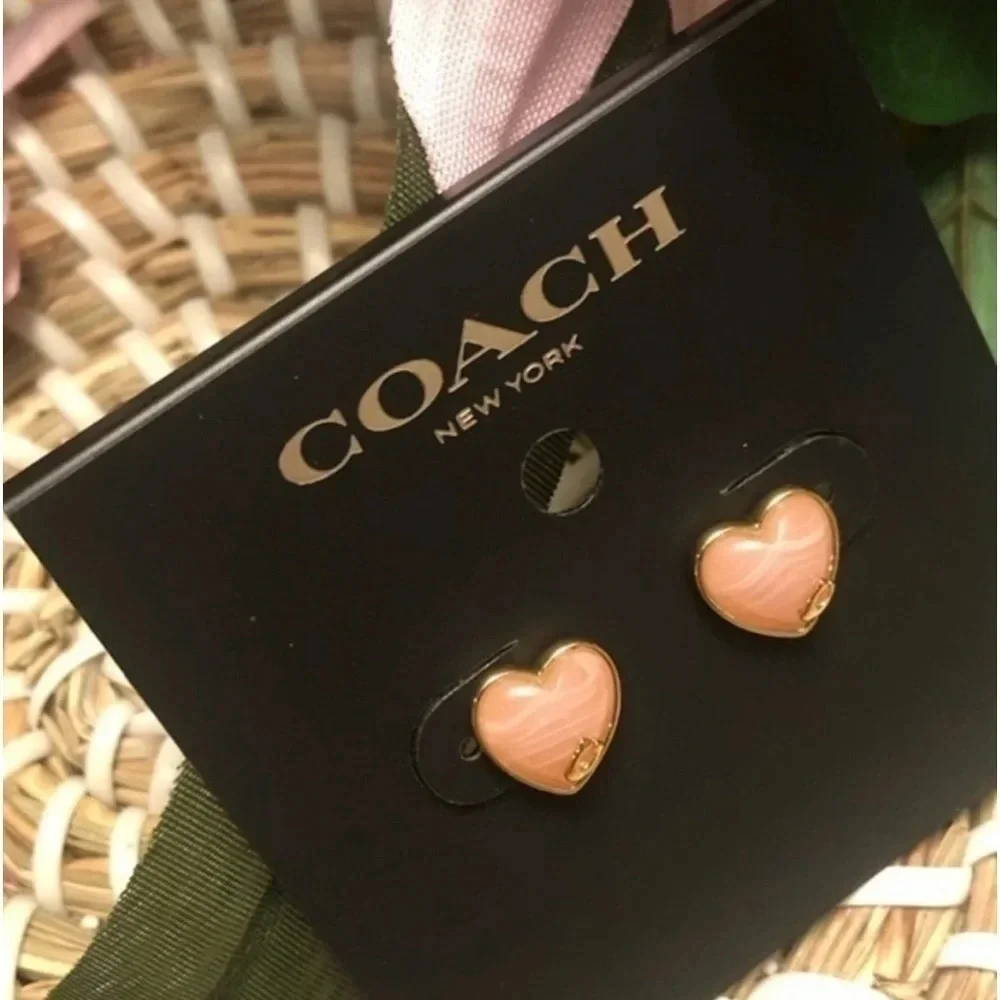 Coach Heart Stud Earrings Gold Tone Logo NWT - Picture 2 of 5